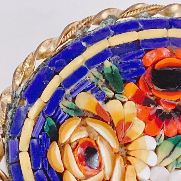 Vintage Italian Art Deco Micro Mosaic Brooch Floral Brass Oval C Clasp Pin 1930s - Picture 5 of 9